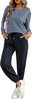 [FIOPHY] Women's Cozy 2 Piece Outfits Lounge Sets Striped Color Block Long Sleeve Tops Jogger Sweatpants Sweats Track Suits Set