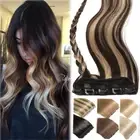 Balayage Thick One Piece 100% Remy Human Hair Extensions Clip In 3/4Full Head AU