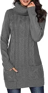 [Cutiefox] Women's Oversized Turtleneck Long Sleeve Ribbed Knit Pullover Sweater Short Dress with Pockets