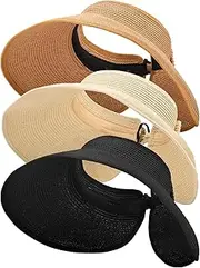 [MEINICY] 3PCS Foldable Straw Sun Visor Hats for Women, Wide Brim Ponytail Summer Beach Hat, Protect Your Skin Easily