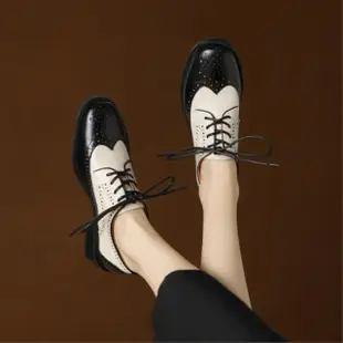 【WYPEX】英倫布洛克雕花真皮牛津鞋女鞋 低跟綁帶小皮鞋(2色)