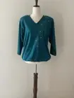 Vintage 70s 80s Teal Beaded Leaf Fashion Top Shoulder Pads Size Medium
