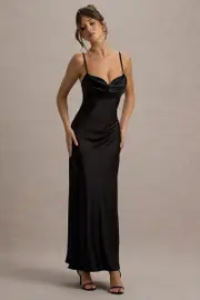 Eimear | Black Satin Draped Sweetheart Maxi Dress