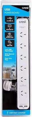 Crest Power Board 6 Socket 2 USB, Surge Protected, 1.2m Cable, White