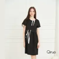 在飛比找Yahoo奇摩購物中心優惠-【Qiruo 奇若名品】專櫃精品黑色造型短袖七分裙洋裝(拼接