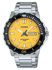 Casio Analog Stainless Steel Yellow Dial Day/Date Quartz MTD-125D-9AV Mens Watch