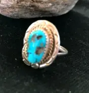 Kingman Turquoise Indian Navajo Sterling Silver Native American Ring Size 8 3435