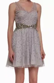 AIDAN MATTOX Silver Sequin Beaded Illusion A Line V Neck Tank Dress NWT Womens 8