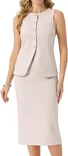 [Seta T] Women's Summer 2 Piece Suit Skirt Set Business Work Set Button Down Sleeveless Vest Blazer and Pencil Skirt