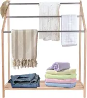 3-Tier Towel Rack, Bamboo Free Standing Beach Towel with Storage Shelf for Ba...
