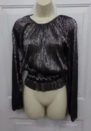 ZARA Womens Size Small Silver Sheer Metallic Long Sleeve Pull-Over Blouse NEW