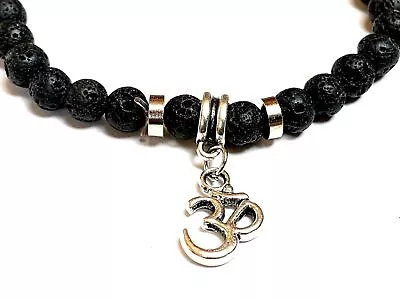 Lava Stretch Bracelet w/Om - 6mm Beaded Wrist Mala Empath stone - Vitality