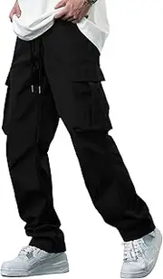 [YAOBAOLE] Cargo Pants for Men Relaxed Fit Drawstring Work Trousers Casual Cotton Outdoor Pants Elastic Waist with 6 Pockets