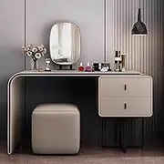 Faux Leather Vanity Set, with Stool & LED Mirror，3 Lighting Colors，Vanity Desk with Drawers，Makeup Vanity Desk for Bedroom Girls Women(Champagne,120x48x73cm)