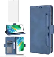 [Asuwish] Compatible with Samsung Galaxy S21 FE Gaxaly S 21 FE 5G Wallet Case and Tempered Glass Screen Protector Card Holder Stand Phone Cover for Glaxay S21FE5G UW S21FE 21S G5 Women Men Blue