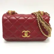 Chanel Coco Mark Matelasse 3 Chain Bag Crossbody Shoulder Red Women'S