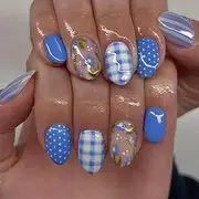 Shimmerz Pack of 24 Cute Stickers Nails Oval Shaped Artificial Nails with Checked Stripes French Patterns Stickers Nails Full Cover Blue and White Checked