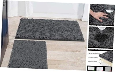 Bathroom Rugs and Mats Set, 2 Piece Chenille Bath Mat 20"x32"+17"x24" Grey