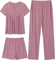 [SWOMOG] Women's Maternity Nursing Pajama Set 3 Pieces Breastfeeding Sleepwear Set Short Sleeve Pregnancy Pj Set & Pants
