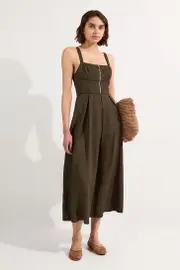 Premium Linen Twill Top Stitch Strappy Woven Zip Front Midi Dress