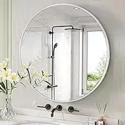 Round Wall Mirror 36 Inch, Large Circle Mirrors with White Wood Frame for Bathroom, Entry, Dining Room & Living Room,Tempered Glass-Shatterproof Mirror (White, 36 in)