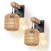 Rattan Boho Wall Sconces Set of Two, Hardwired Hand-Woven Farmhouse Wall Lamps