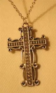 Handsome Swirl Rimmed Metal Beaded Silvertone Cross Pendant Necklace