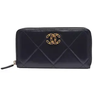 【CHANEL 香奈兒】19系列經典金屬雙C LOGO菱格紋小羊皮拉鍊長夾(黑AP1063L-BLK-GP)