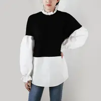 在飛比找蝦皮購物優惠-Graces Chun領黑白風格化袖襯衫
