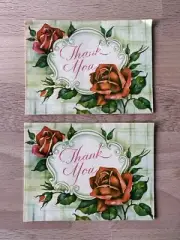 Vintage 40s 50s Rose Flower Thank You Cards Set 2 Red Floral Sml Unused Ephemera