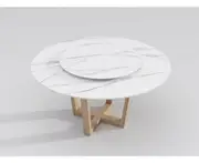 Echo Round Ceramic Dining Table/Lazy Susan/Timber legs/Glossy Fish-belly White Ceramic Top - With Lazy Susan