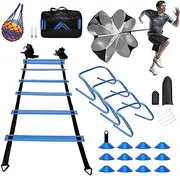 30PCS Agility Training Equipment Kit, Football Training Equipment, Speed Training Set for Kid Youth Adults,6m Agility Ladder,4 Hurdles,12 Soccer Cones,Resistance Parachute,Ball Net(Blue)