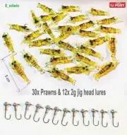 30x Soft Plastic Prawns Bait prawns & 12x 2g Jig Head Fishing Lures Bream Redfin