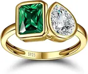 [Yaresul] 6x8mm Toi Et Moi Ring 925 Sterling Silver Emerald Engagement Ring For Women Double Stone Ring Emerald Shape & Pear Cut Cubic Zirconia Wedding Ring Width Band 1.9mm - Size 5-9