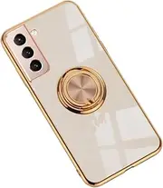 [EiYioun] Silicone Case for Samsung Galaxy S21 with Magnetic Attraction Metal Ring Holder Stand, Edge Plated Shockproof Non-Slip Ultra Thin Phone Protective Cover