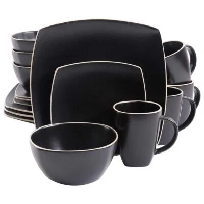 Gibson Dinnerware Set 16-PCS Black Square Stoneware Microwave Safe (Set For 4)