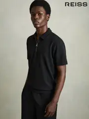 Reiss Black Albany Textured Half-Zip Polo Shirt (AM5297) | $135