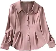 [Generic] Women's Elegant V-Neck Button Folds Puff-Sleeve Chiffon Shirt Female Oversized Casual Tops