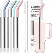 Soledea 6Pcs Metal Reusable Straws for 40 oz Tumbler, Stainless Steel Long Drinking Straw with Colourful Silicone Tips,Straw for Glass Cups, Cleaning Brushes Included, BPA FREE