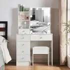 Vanity Dressing Table Stool Set Makeup Mirror Vanity Desk Cabinet Drawers White