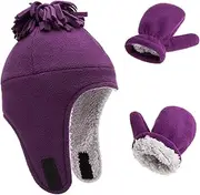 [Exemaba] Toddler Winter Hat with Mitten Set - Baby Kids Warm Fleece Cap Set with Ear Flaps