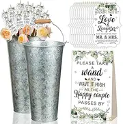 Tandefio 102 Pieces Wedding Sparkle Tag & Holder Set, Includes 100 Sparkler Tags 1 Galvanized Metal Bucket with Handle 1 Wedding Card, Table Decor for Anniversary Bridal Shower Exit(Silver)