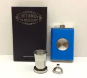 Dirty Mack's 8oz Leather Stainless Steel Hip Whiskey Flask Gift Set Blue