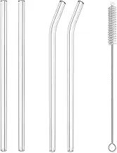 8x200MM, Set of 2 Straight and 2 Bent with 1 Cleaning Brushes, Reusable Glass Straws Set, Clear Glass Drinking Straws,Perfect for Smoothies, Milkshakes, Juice, Tea