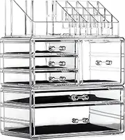 Cq acrylic 6 Drawers and 16 Grid Makeup Organizer with Cosmetic Storage Cases The Top of the Almighty as a Display Make-up Brush and Lipstick HolderClear 2 Piece Set