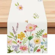 Spring Floral Table Runner 13x90 Inch Pink Blue Flowers Green Leaves