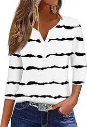 [Valtorixia] 3/4 Length Sleeve Women Henley V Neck Tops Casual Length Button Down Shirt Floral Print Blouses Plus Size Trendy Comfy Tees (color-b-21,Medium)