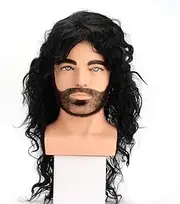 BERRYLION 80s Outfit for Men|Synthetic Curly Mens Wig|Long Rocker Wig for Men|Mens Wig for Party (Black)