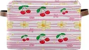 RPLIFE Cute Cherries Daisies Pink Stripes Fabric Storage Bin, Decorative Rectangle Home School Organizers