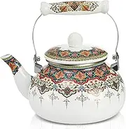 ZOOFOX Ceramic Enamel Tea Kettle, 2.6 Quart Large Floral Colorful Teapot with Handle for Stovetop, Retro Hot Water Tea Kettle Pot, No Whistling